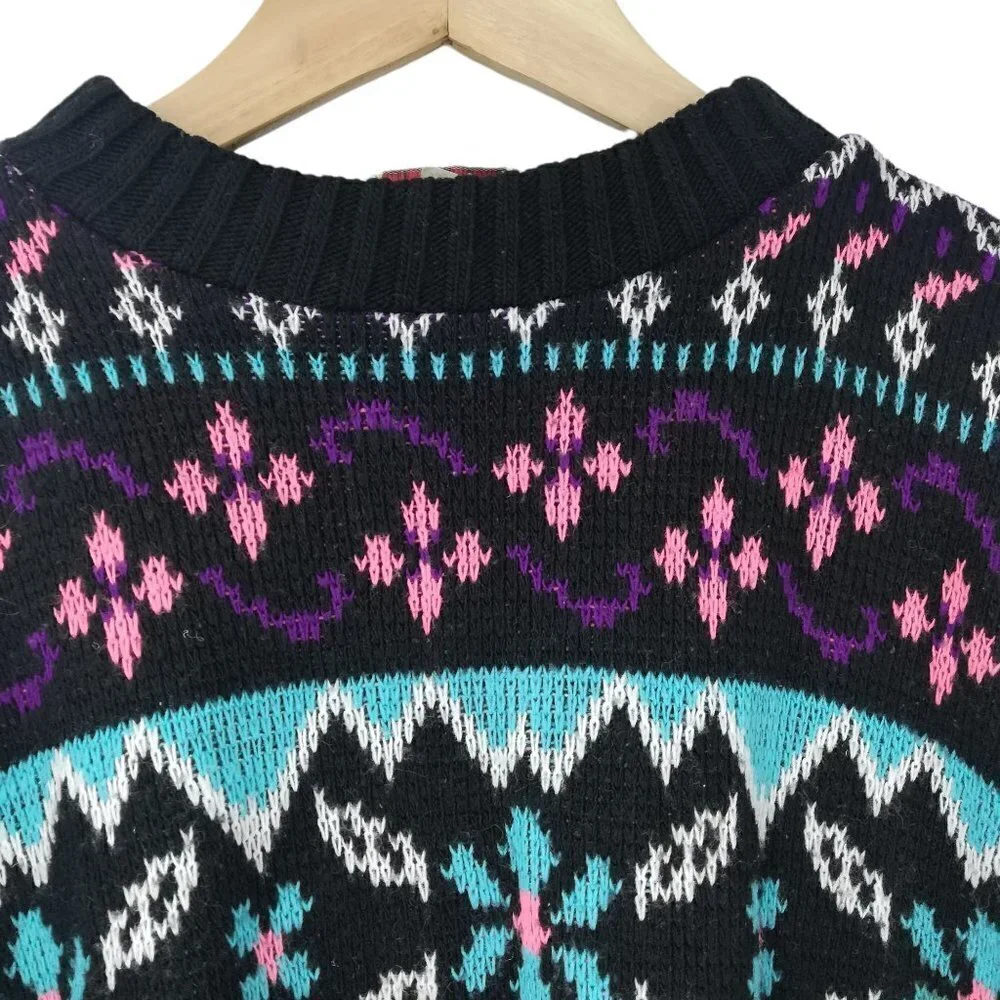 Vintage Stefano Geometric Pullover Sweater Size XL Girls Crew Neck Preppy Flower
